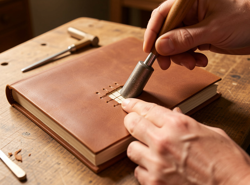 Hands punching stitching holes through a leather cover and paper signatures with a pricking iron on a wooden bench
