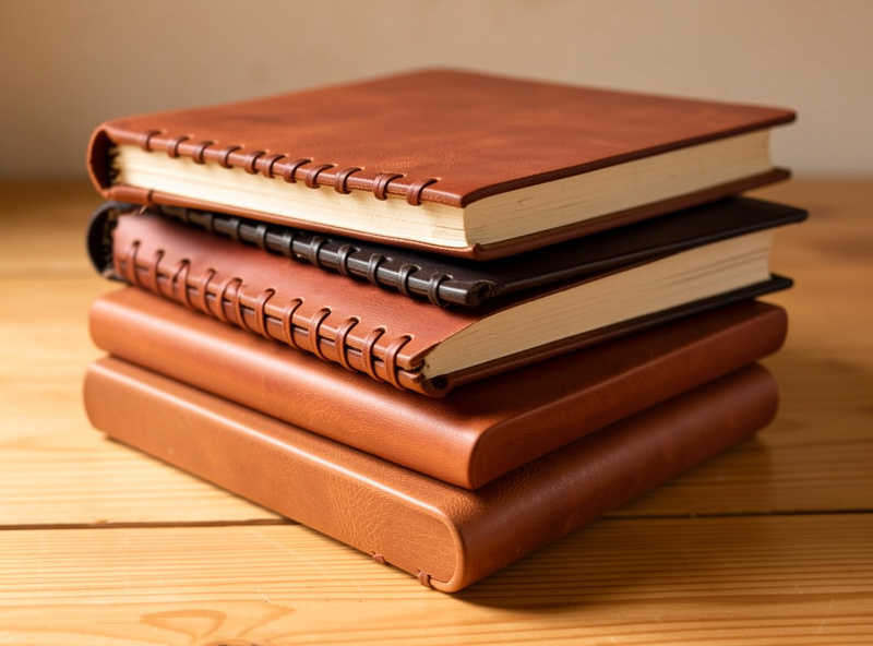 Stack of finished leather journals showing Coptic, long-stitch, and case-bound spines side by side