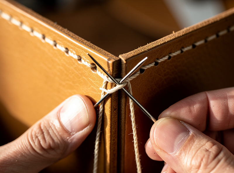 Hands holding two perpendicular tan leather panels and saddle stitching the corner with two needles, the waxed thread wrapping the outside edge to form a 3D box corner
