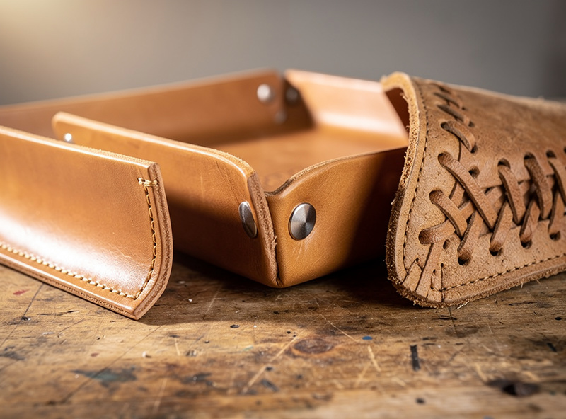 Three finished leather corner styles side by side: a clean box-stitched tray corner, a snap-corner travel tray, and a laced rustic corner on tan leather