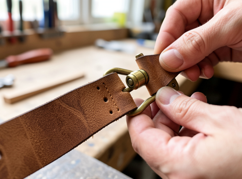 Hands threading a veg-tan leather belt strap through a brass roller buckle showing the prong and roller