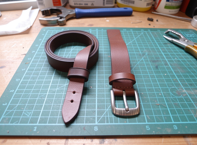 A center bar buckle belt and a heel bar buckle strap laid side by side on a cutting mat for comparison