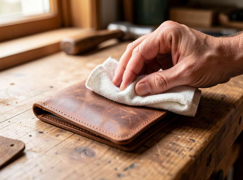 Hands rubbing leather conditioner into a worn veg-tan wallet with a cotton cloth on a workbench