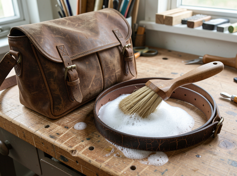 An old leather messenger bag and a cracked belt being cleaned with saddle soap and a horsehair brush