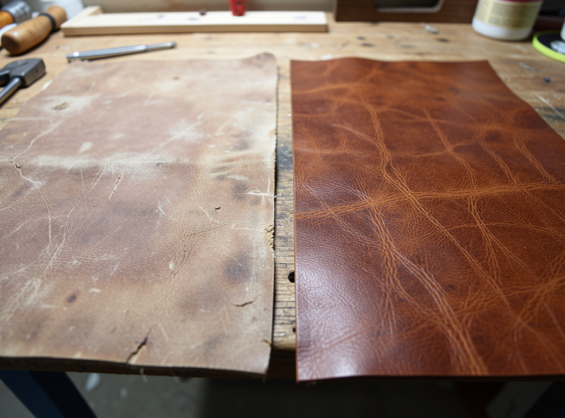 Before and after restoration comparison of a faded dry leather panel next to a conditioned rich brown one