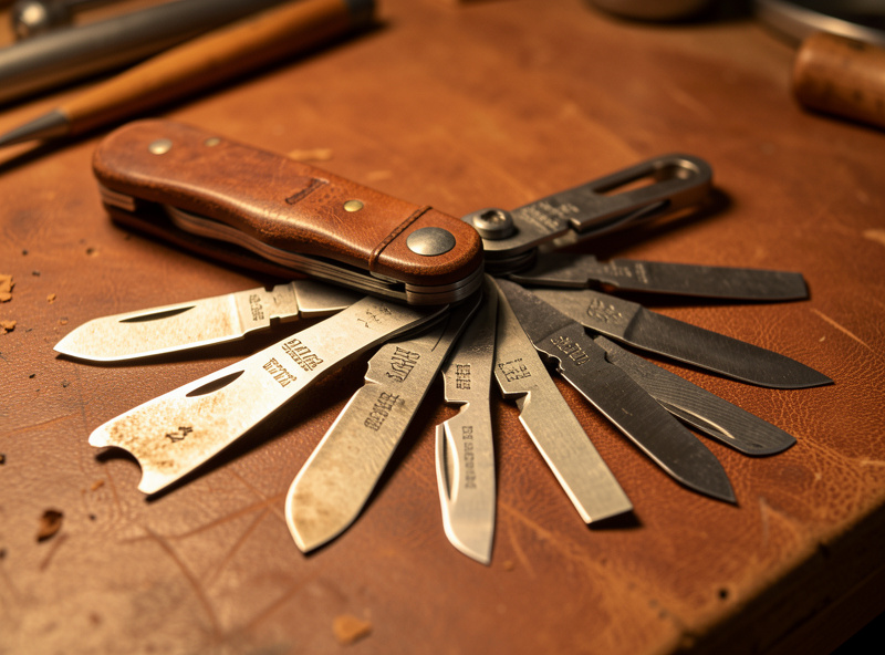 A swivel knife with several interchangeable blades laid out on a leather workbench