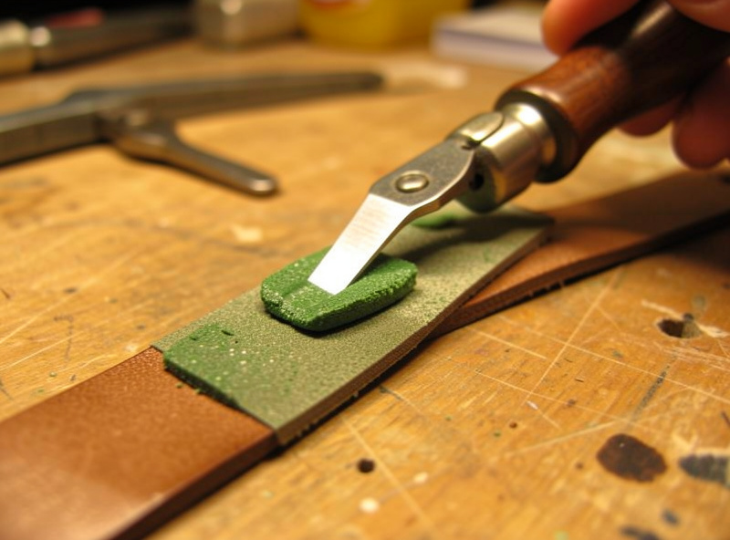 A strop loaded with polishing compound beside a swivel knife blade being maintained on a workbench
