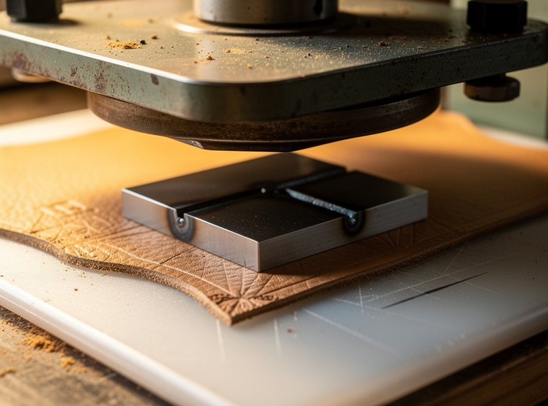 A leather clicker press with a steel cutting die positioned on a sheet of vegetable-tanned leather over a white poly cutting board, ready to stamp out a wallet panel