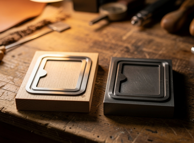 Two leather clicker dies side by side: a steel-rule die with a bent blade set into a wooden base and a solid forged die machined from steel, both shaped like a wallet panel