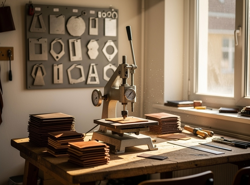 A small workshop with a benchtop hydraulic clicker press and a rack of custom steel-rule leather cutting dies, stacks of cut wallet panels on the bench, warm light