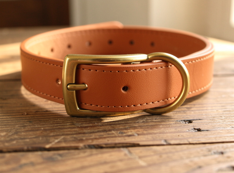 Finished hand-stitched bridle leather dog collar with brass center-bar buckle and welded D-ring on a workshop bench