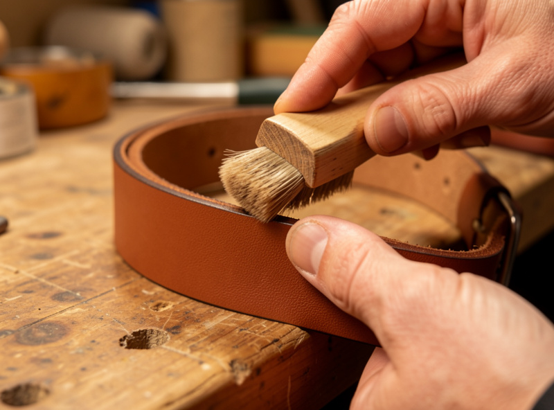 Burnishing the edge of a dyed leather dog collar with a hand slicker and Tokonole