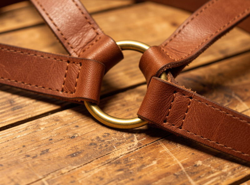 Leather dog harness straps joined at the chest with a welded ring showing the front load point