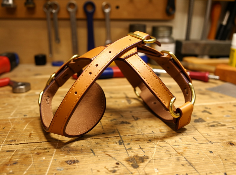 Close-up of a finished leather dog harness with burnished edges and brass hardware on a bench