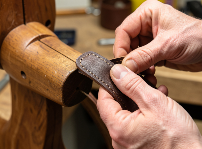 Saddle stitching the folded snap end of a leather dog leash held in a stitching pony