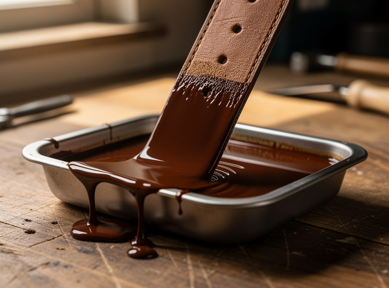 A leather belt strap being dip-dyed by full immersion into a tray of rich brown leather dye, dye dripping off as it is lifted out