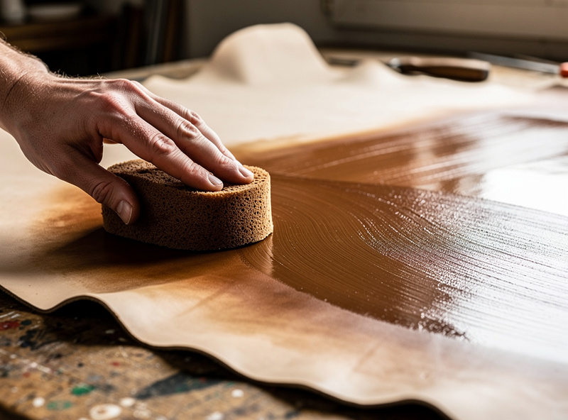 A hand sponging brown leather dye evenly across a large flat vegetable-tanned leather panel in smooth overlapping passes