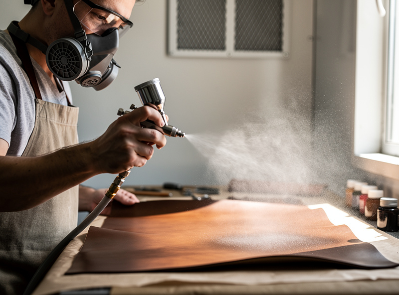 Airbrushing a fine even mist of brown leather dye onto leather, the maker wearing a respirator in a ventilated spray area
