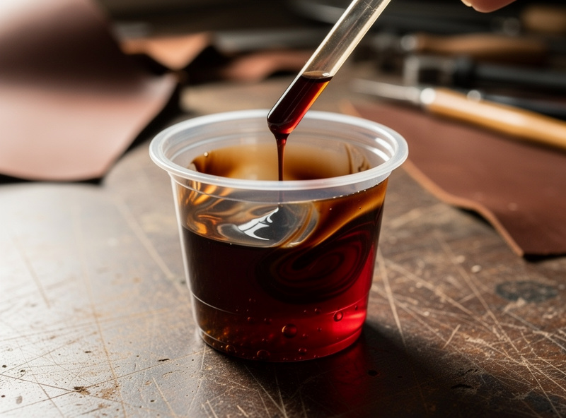 Two leather dyes being combined drop by drop into a small mixing cup with a pipette, brown and red dye swirling together