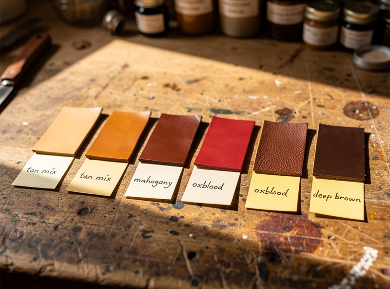A row of leather test swatches each labeled with a handwritten dye recipe showing a gradient from tan through mahogany to oxblood and deep brown