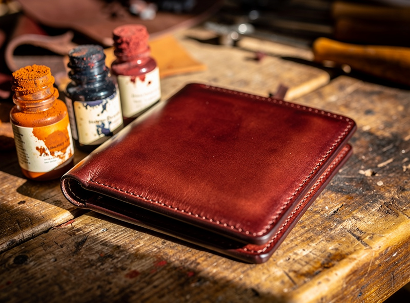 A finished hand-dyed mahogany leather wallet in a rich custom reddish-brown color beside the dye bottles used to mix it