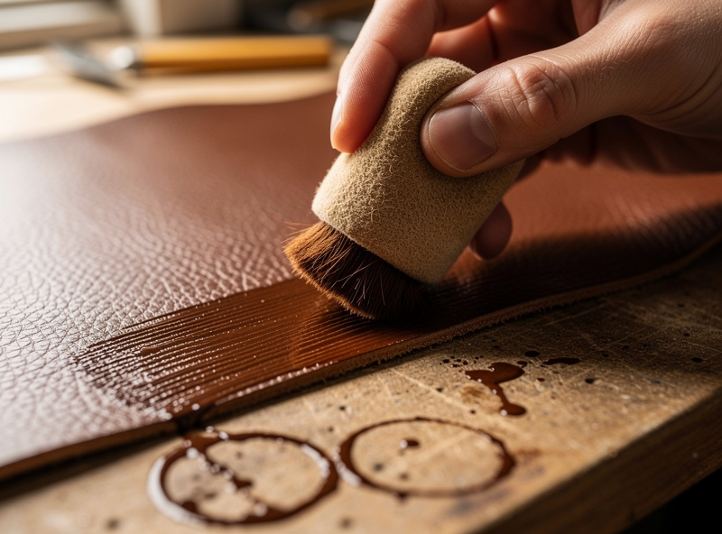 A hand applying brown oil-based leather dye to vegetable-tanned leather with a wool dauber in even strokes