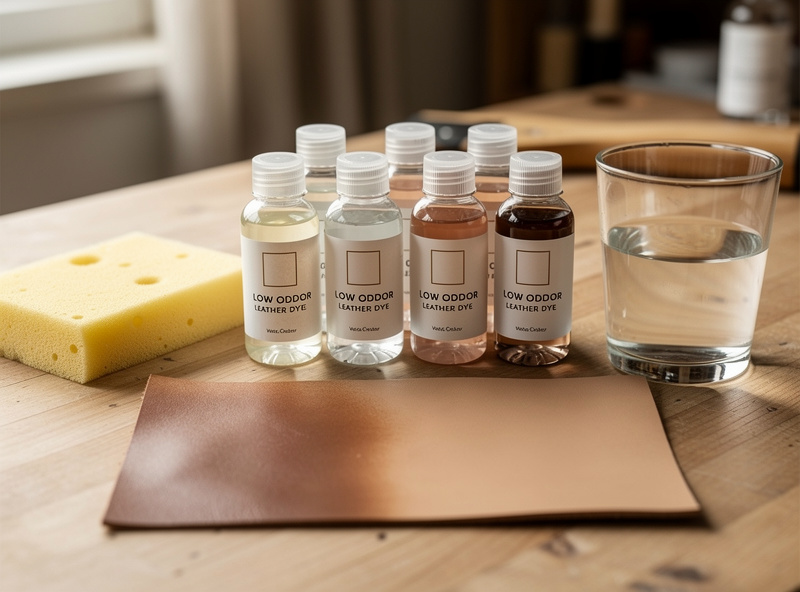 Bottles of water-based low-odor leather dye beside a sponge and water on a clean workshop bench with a tan leather swatch