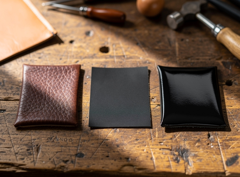 Three leather test swatches compared side by side showing penetrating brown dye, matte black dye, and glossy opaque acrylic paint finish