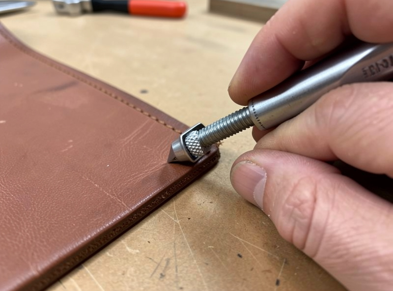 A screw crease tool with its fence prong riding the leather edge to keep the creased line parallel