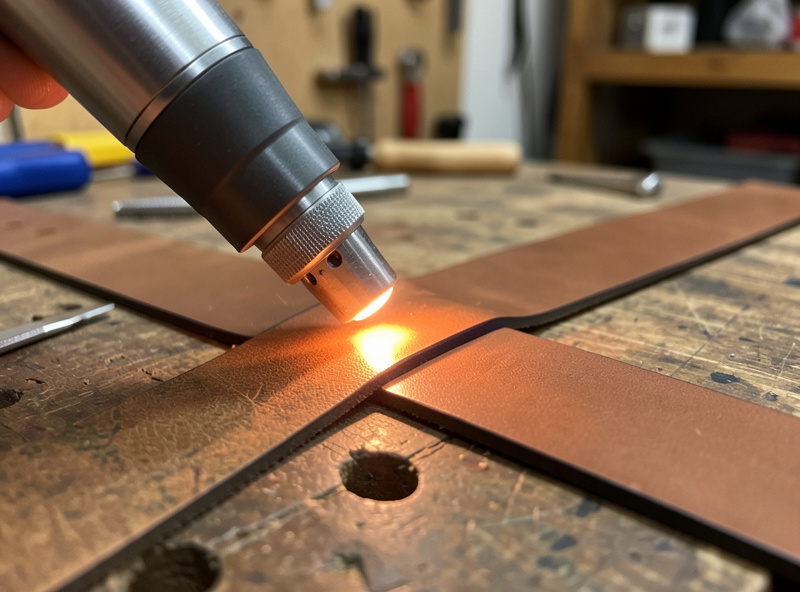 A heated electric edge creaser pressing a dark defined line into a finished leather belt edge