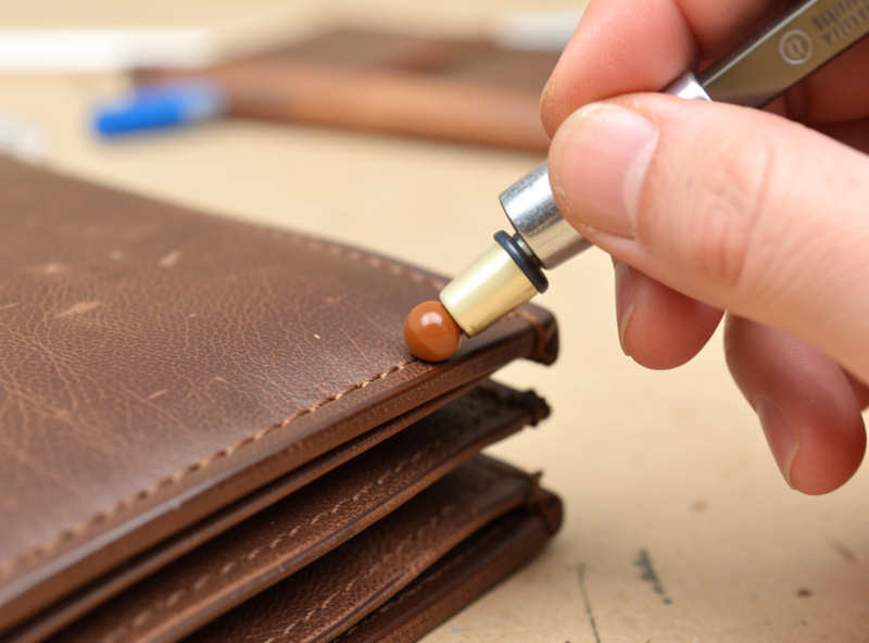 Applying edge paint in a thin even coat to a layered leather edge with a fine roller applicator