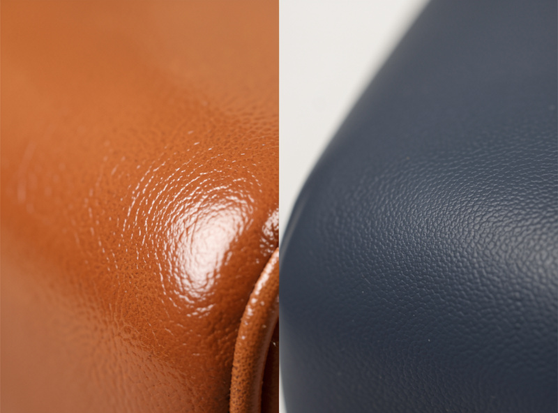 A glossy burnished veg-tan leather edge next to a matte painted leather edge for comparison