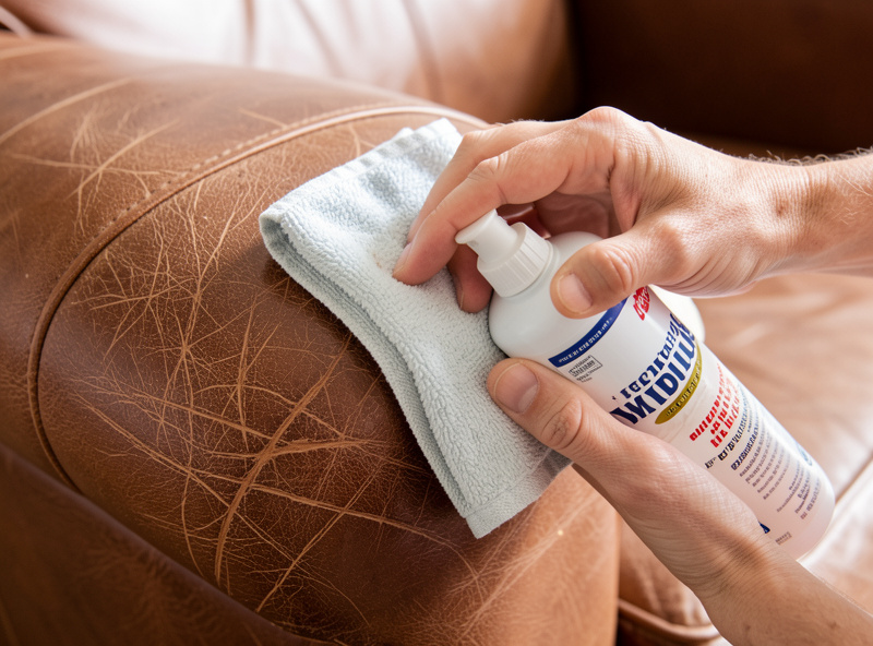 Hands cleaning a scratched brown leather sofa armrest with a soft cloth and leather cleaner before repair