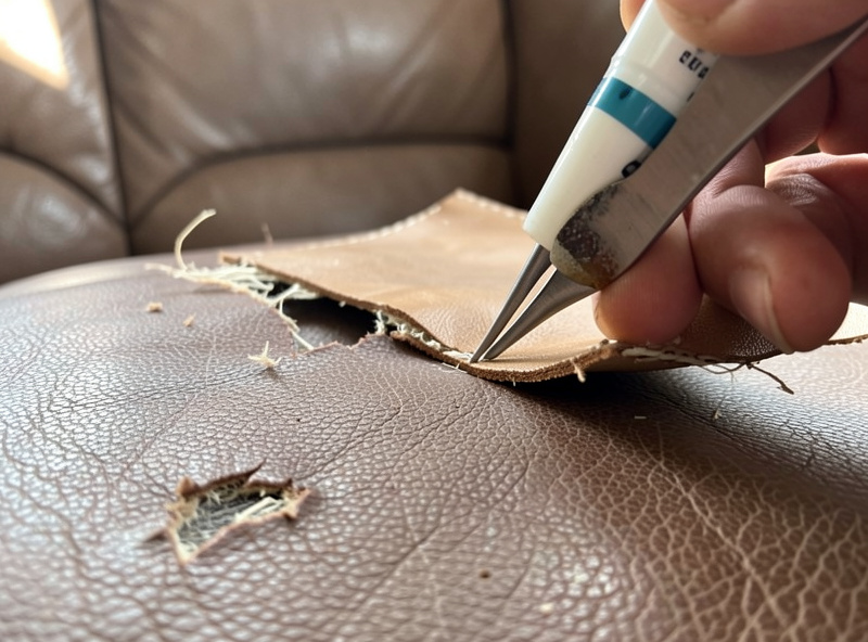A sub-patch being inserted under a torn leather sofa seat with tweezers and leather glue during a repair