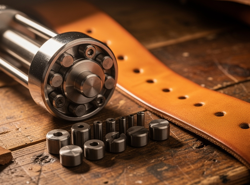 A six-size revolving leather rotary punch beside a set of round drive punches and a leather belt with cleanly punched adjustment holes on a wooden workbench