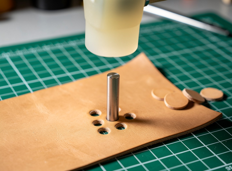 A round drive punch positioned on vegetable-tanned leather over a green self-healing cutting board, with a poly maul raised to strike, clean punched holes visible nearby