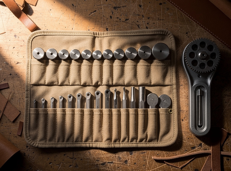An organized set of round drive punches in graduated sizes laid out in a tool roll beside a rotary punch and an oblong bag punch on a leather workbench