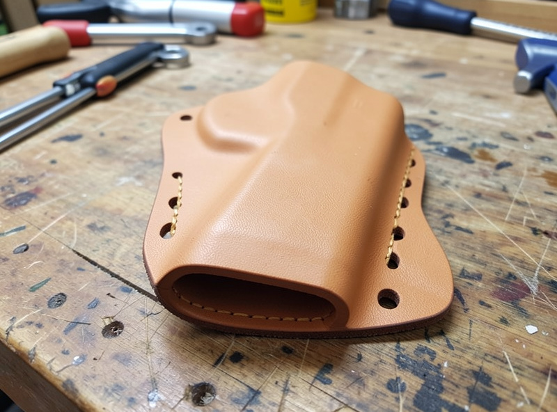 Molded tan leather holster body drying with the welt seam visible on a workbench