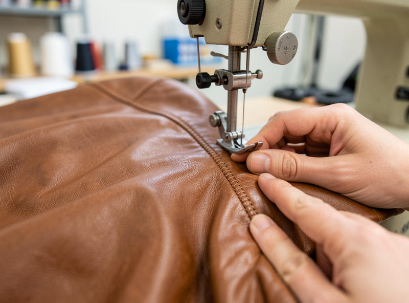 A sewing machine restitching a taken-in side seam on a brown leather jacket with hands guiding the panels