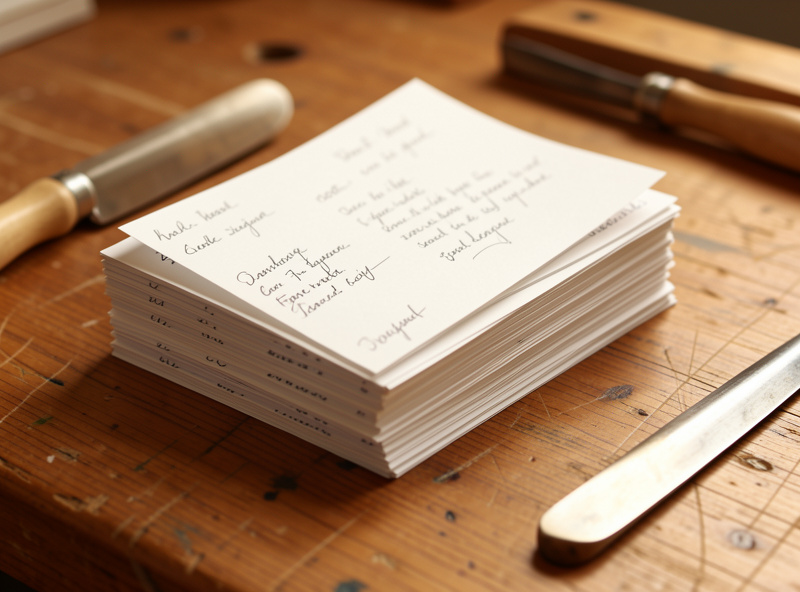 Folded paper signatures being stacked into a text block on a workbench