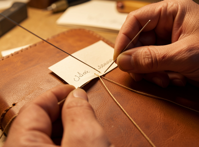Stitching paper signatures to a leather cover with two needles and waxed thread