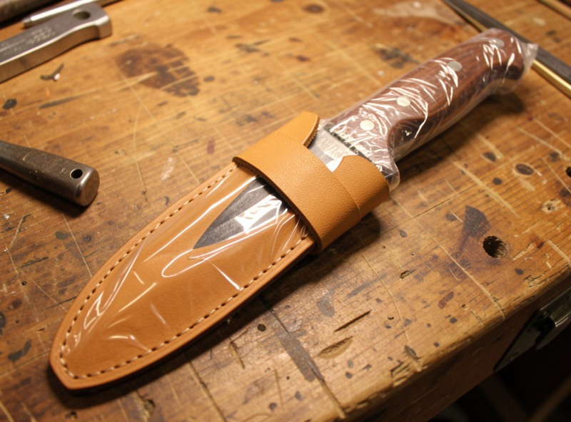 Knife laid on tan vegetable-tanned leather with a paper pattern marked for a pouch sheath