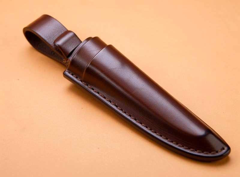 Finished molded leather knife sheath with slicked edges and a belt loop on a workbench