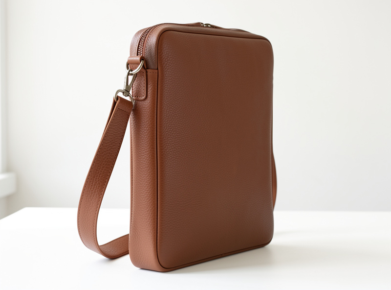 A finished leather laptop bag standing upright showing a structured padded body and shoulder strap