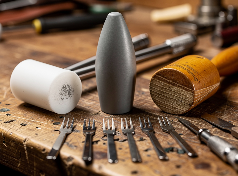 A weighted poly leather maul with a tapered head beside a nylon mallet and a rawhide mallet on a workbench, with stitching chisels and a stamping tool laid out ready to strike