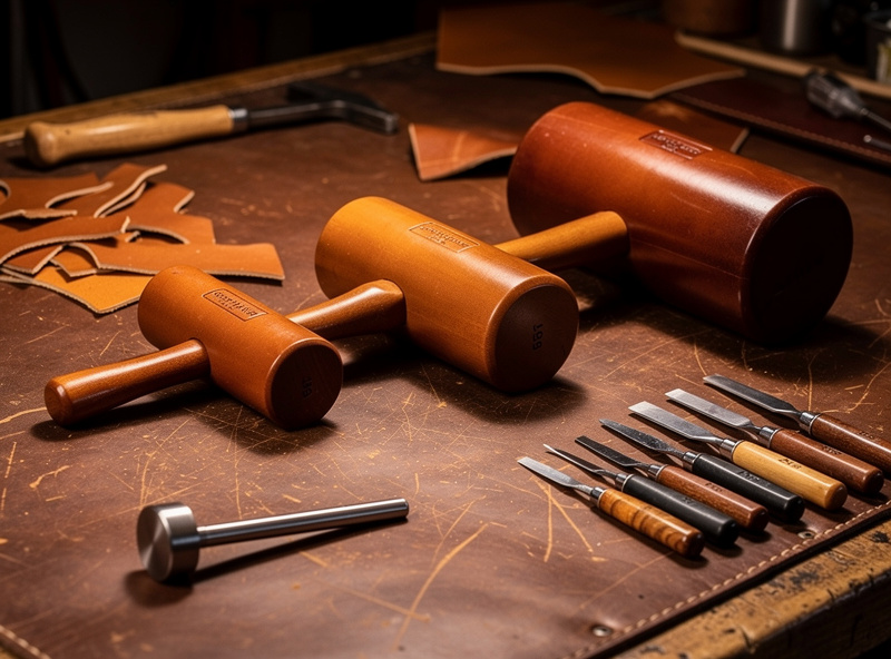 Three leather mauls of different weights lined up by size from an 8 ounce up to a 24 ounce weighted poly maul, beside stitching chisels and a round drive punch on a leather workbench