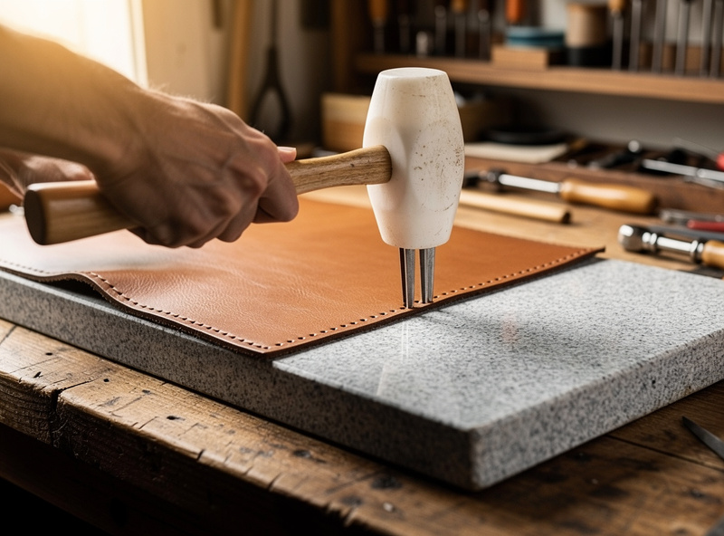 A leatherworker striking a stitching chisel with a weighted poly maul over a granite slab on a workbench, clean punched stitch holes visible in the vegetable-tanned leather, warm light