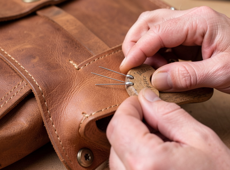 Hands saddle-stitching a leather messenger bag gusset seam with two needles in a stitching pony