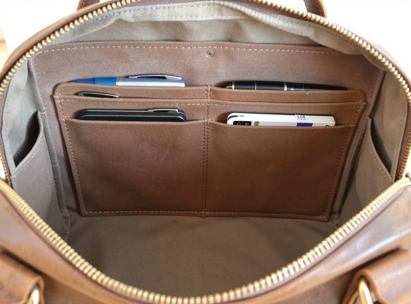 Interior of a leather messenger bag showing stitched pen slots and a back-wall notebook pocket