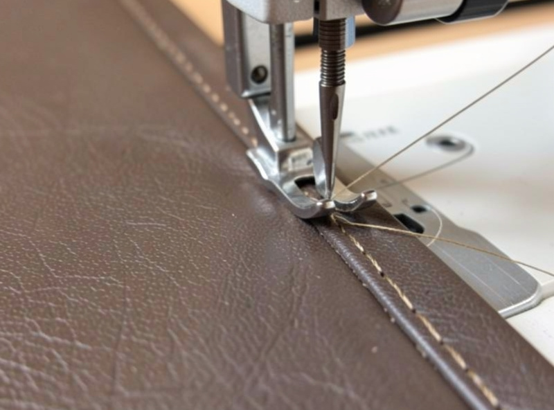 Backtacking the end of a machine leather seam, sewing in reverse over the stitch line to lock the thread